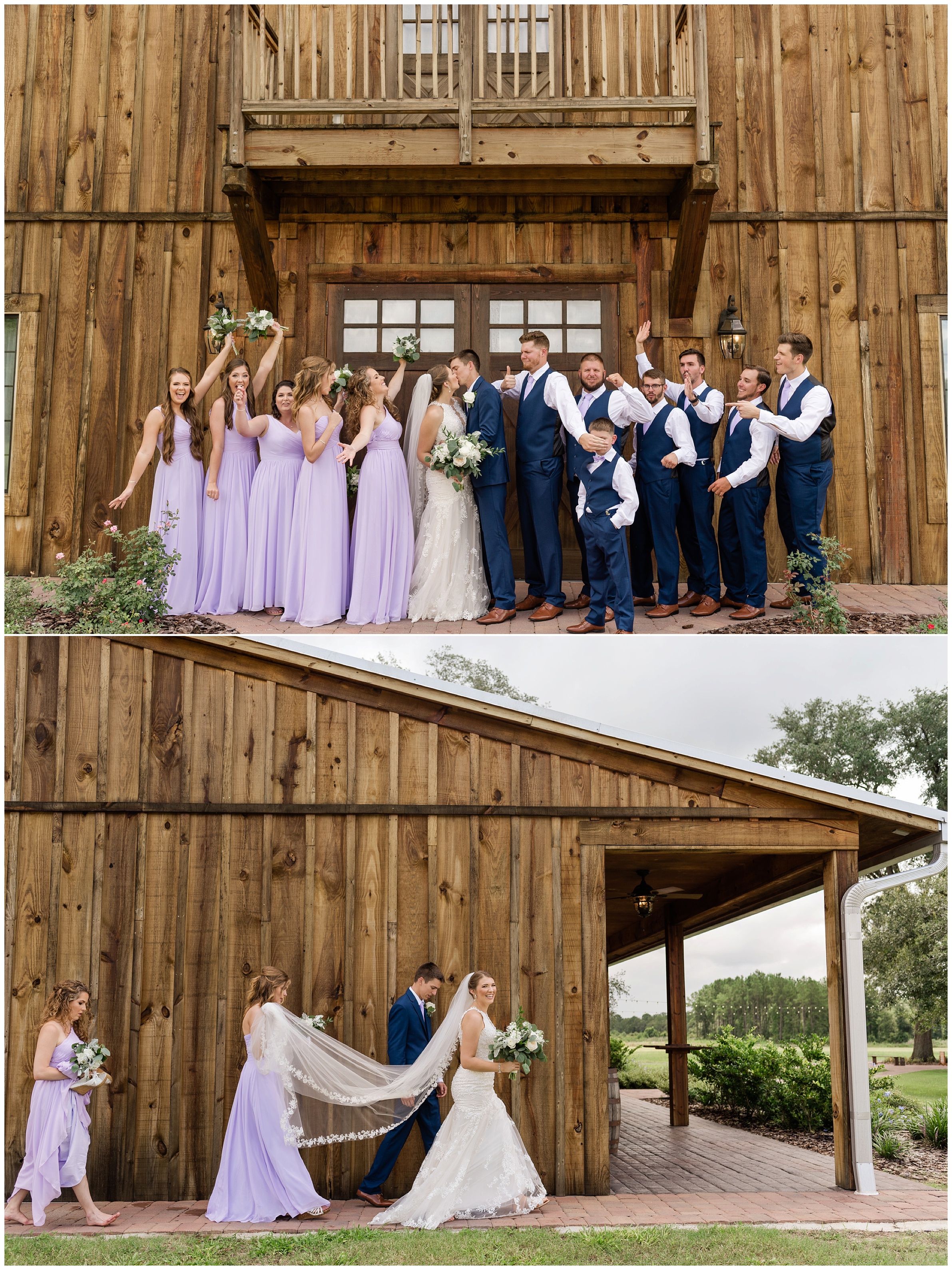 bridal party in front of barn at C Bar Ranch