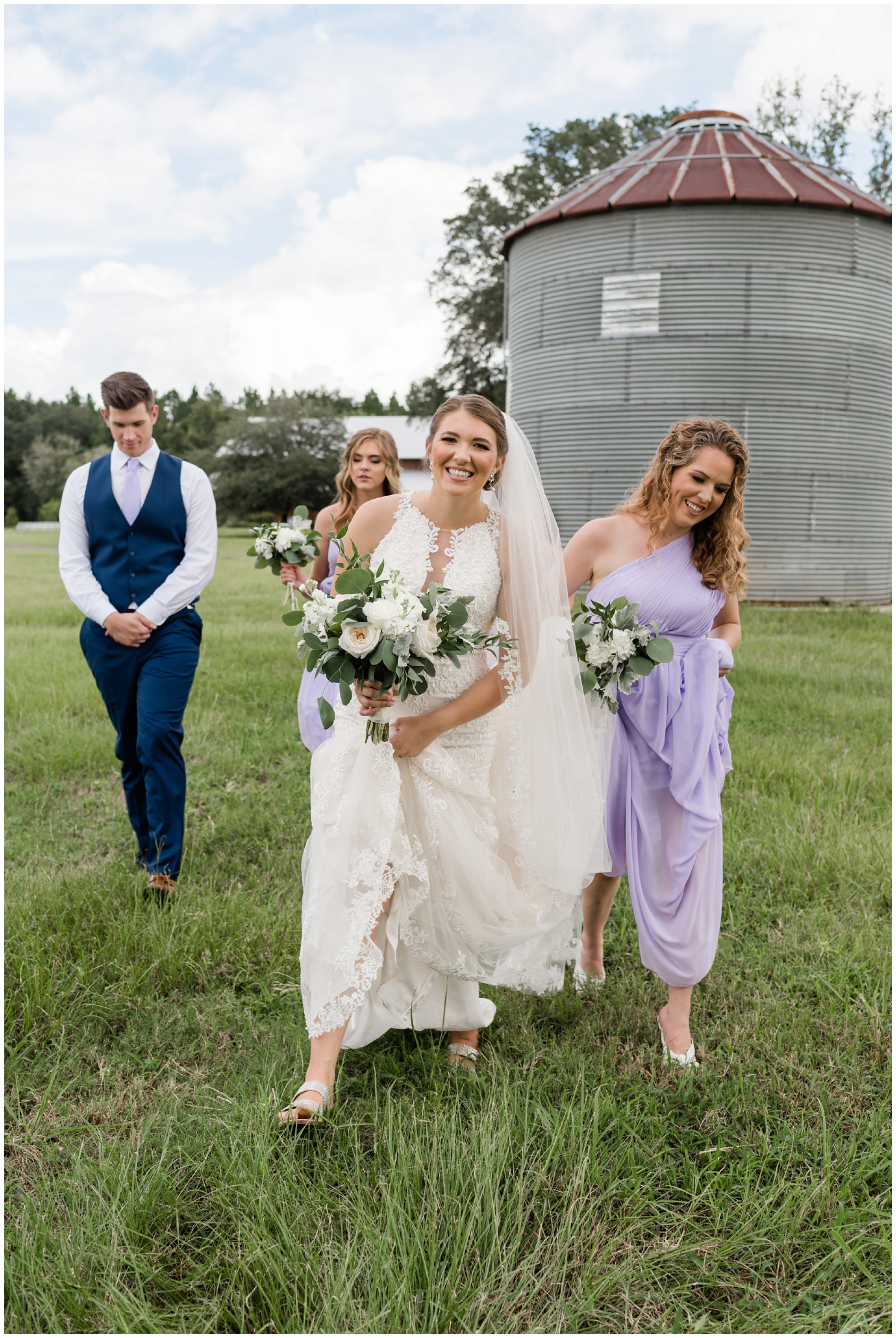 Bride walking in field