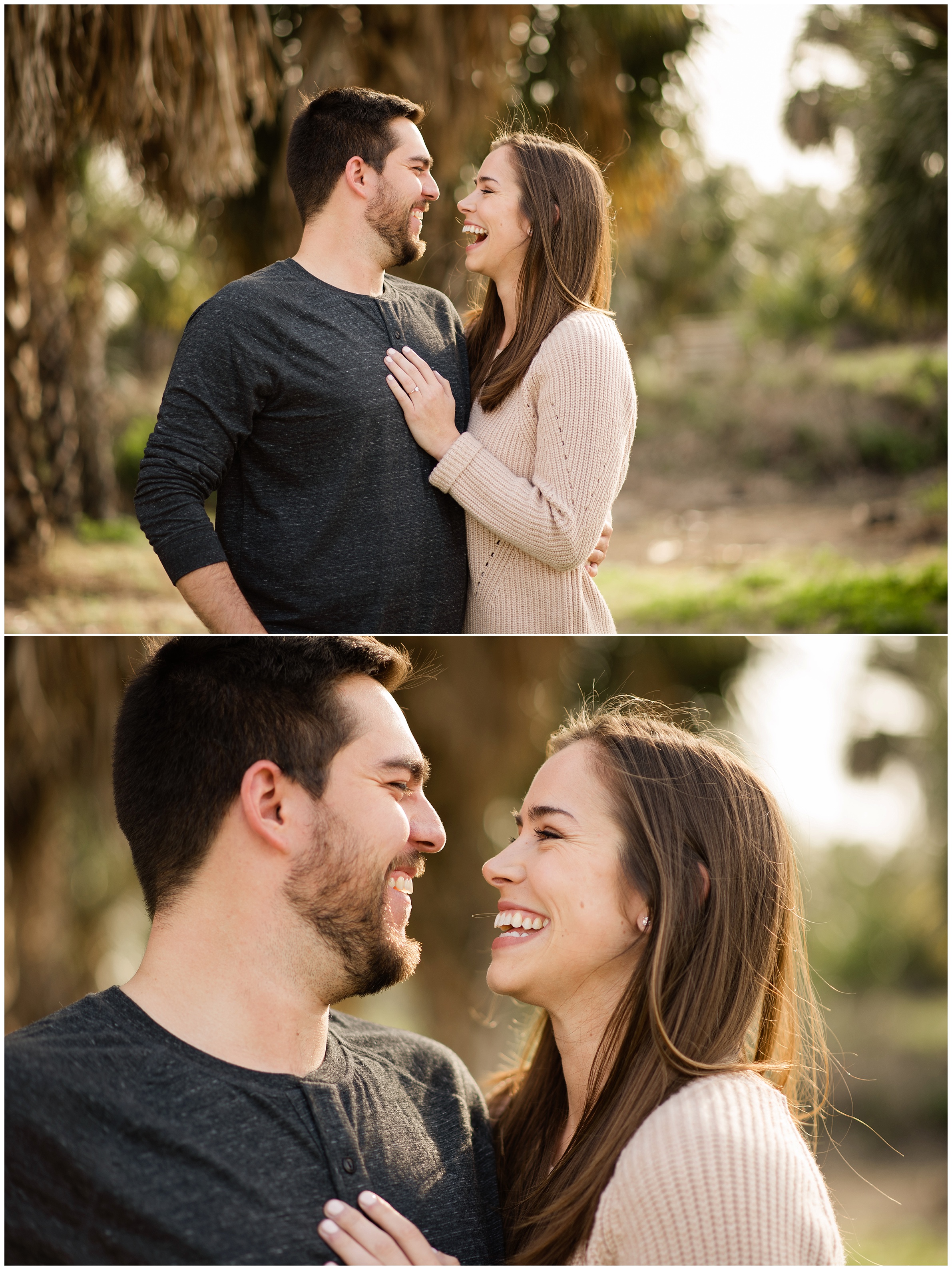 couple laughing in cedar key at engagement session 