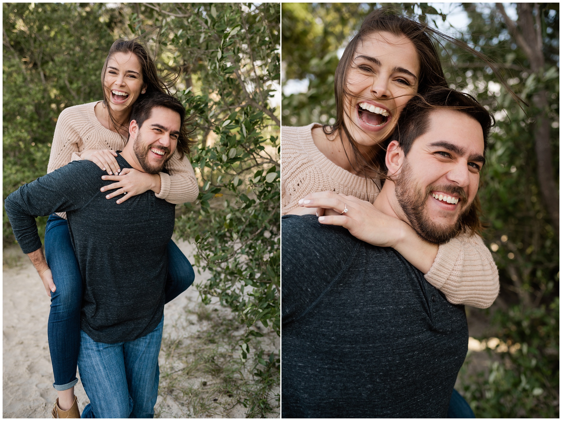 grace and tyler smiling at engagement session in cedar key fl