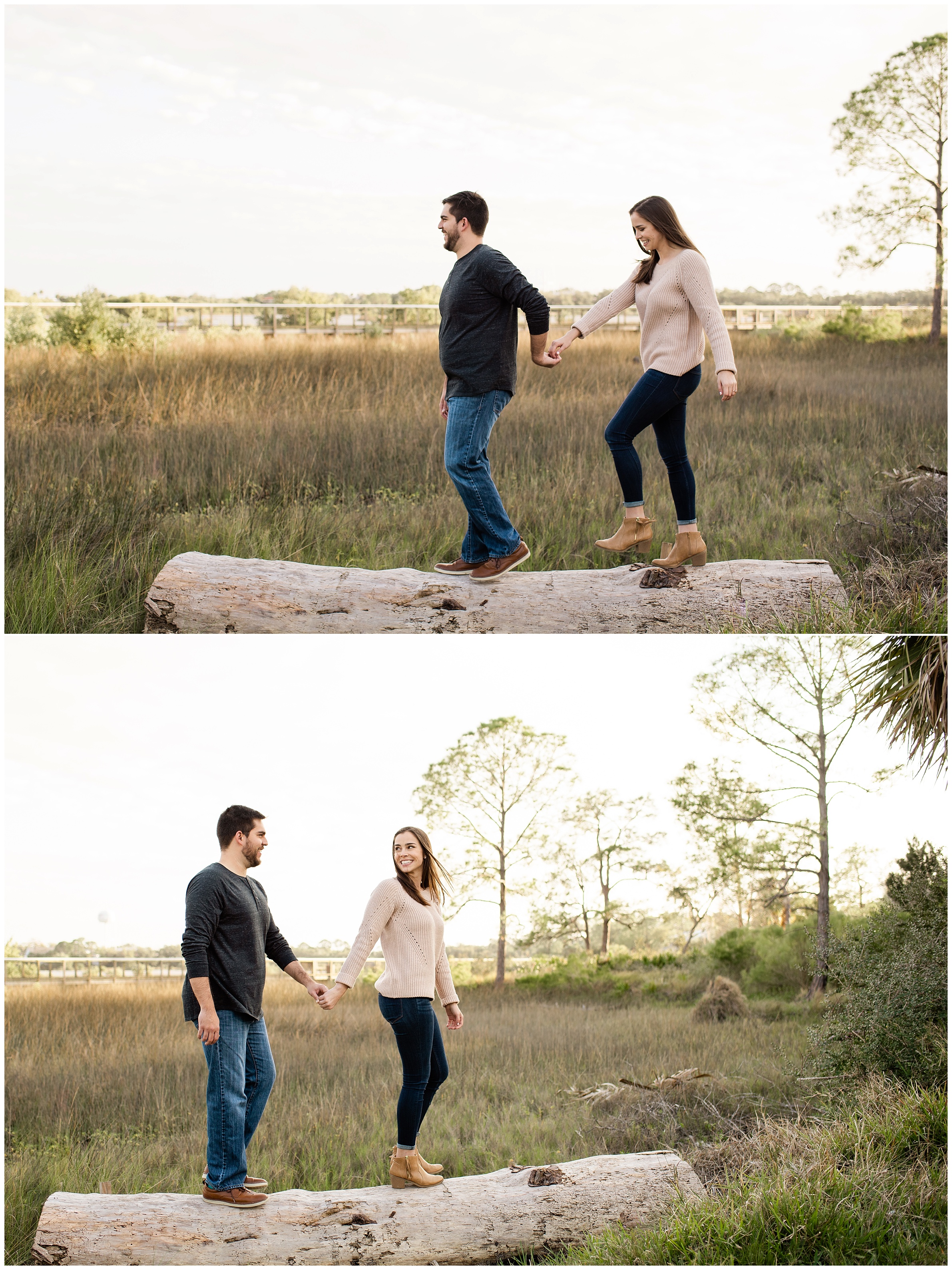 couple walking on log in cedar key engagement photography