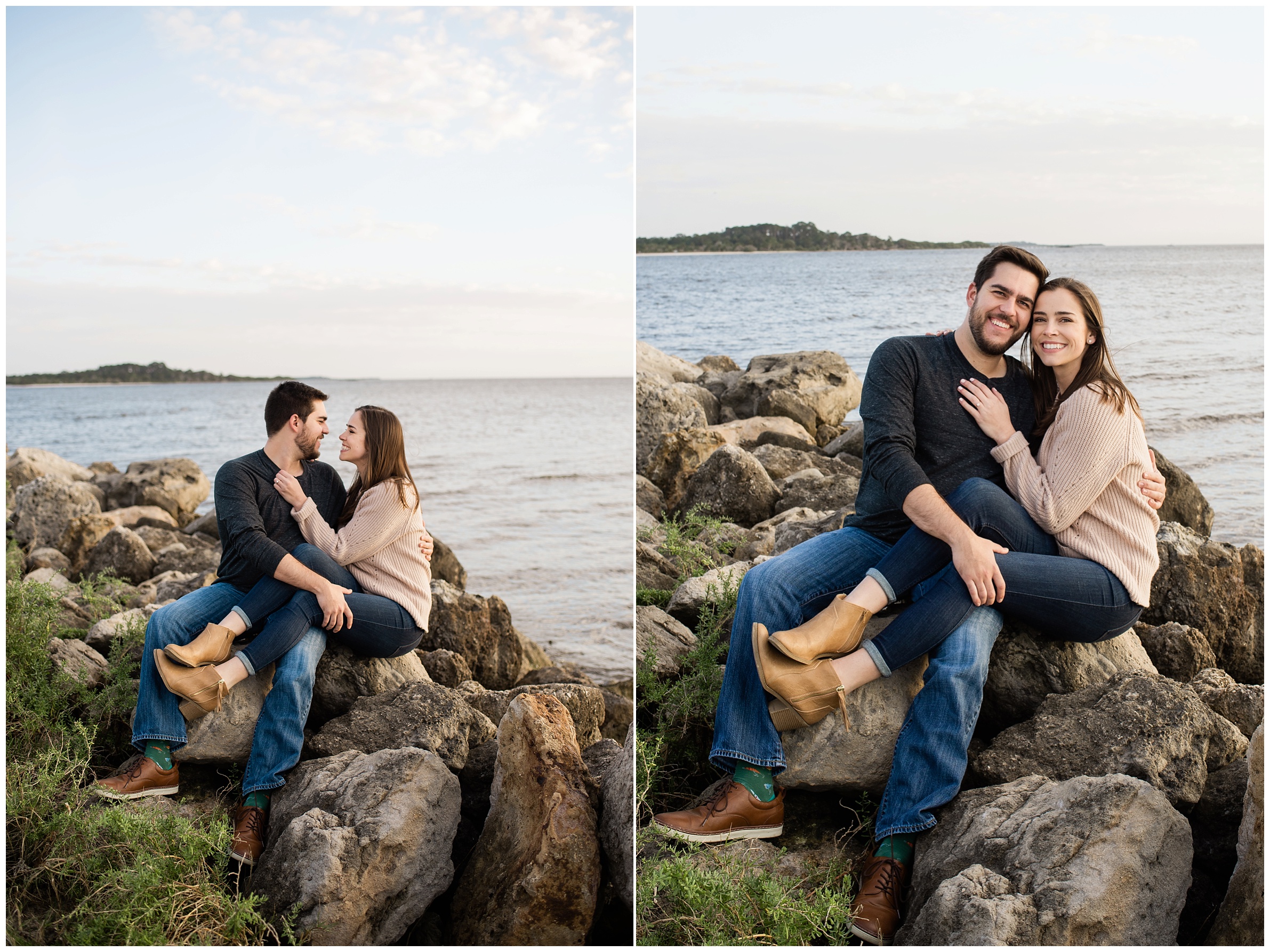 couple sitting on rocks cedar key fl engagement session