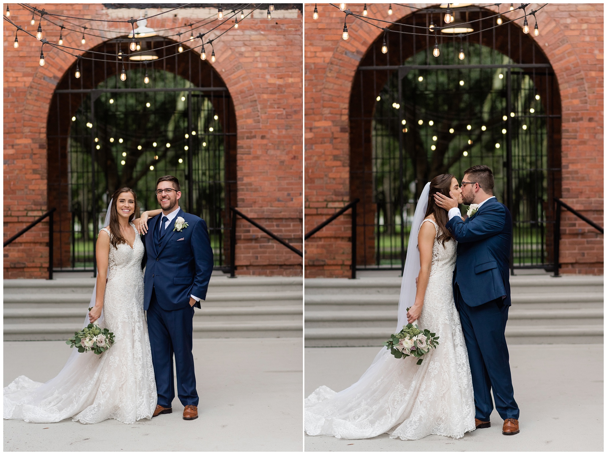 bride and groom kissing in front of brick wall at venue 1902 in sanford fl
