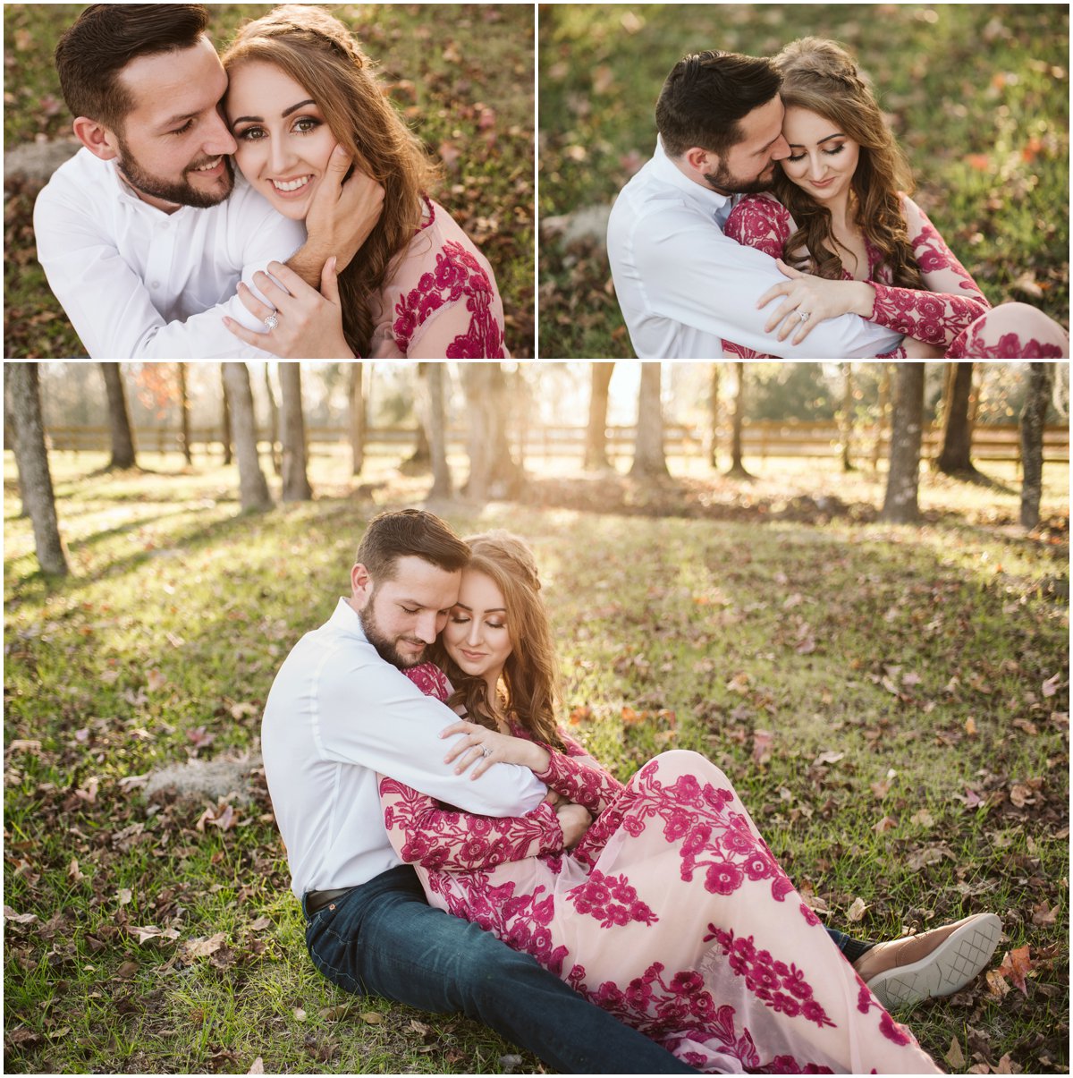 couple snuggling on the ground at engagement session 
