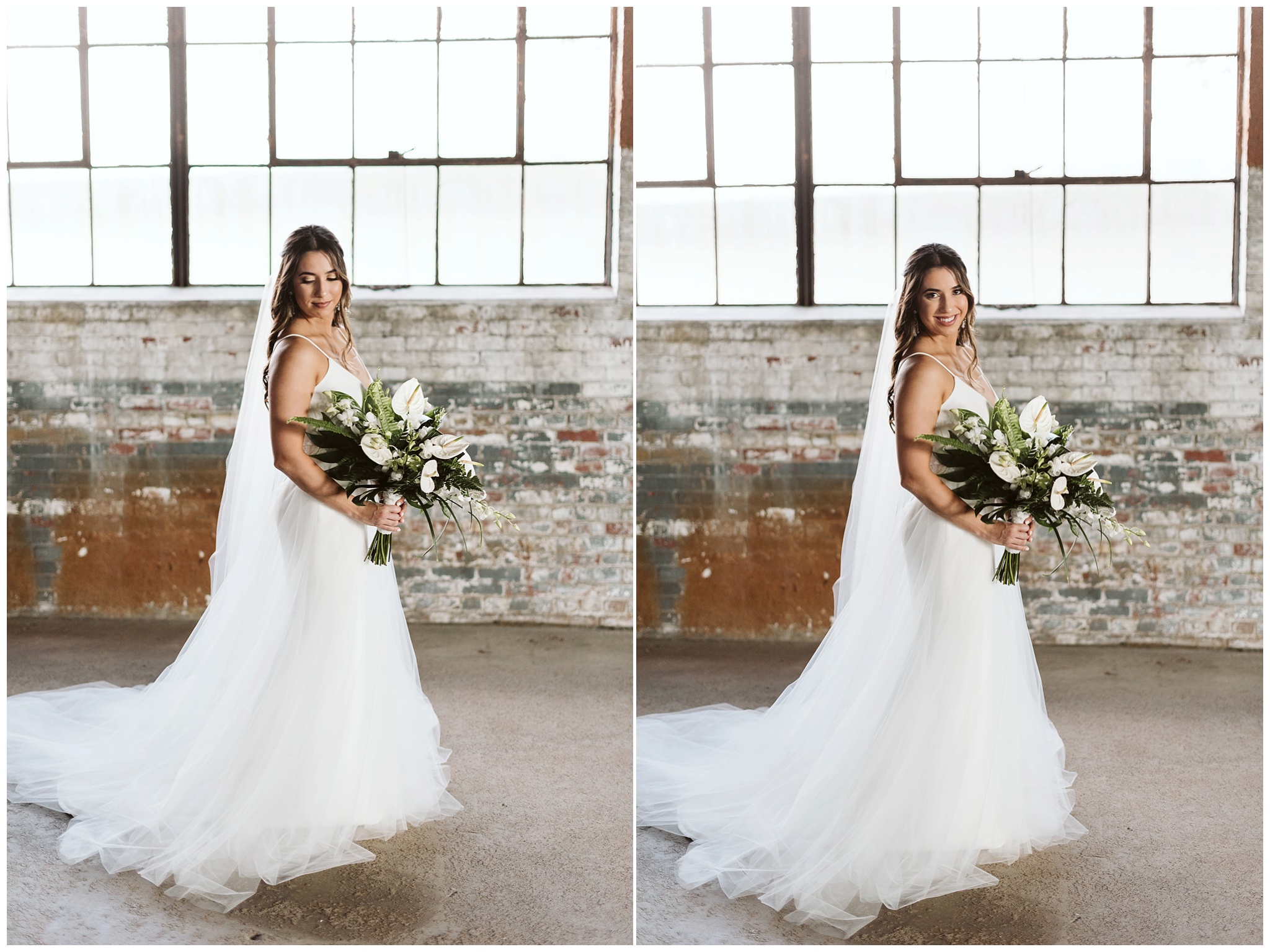 Henna wearing her wedding dress in the warehouse at the glass factory
