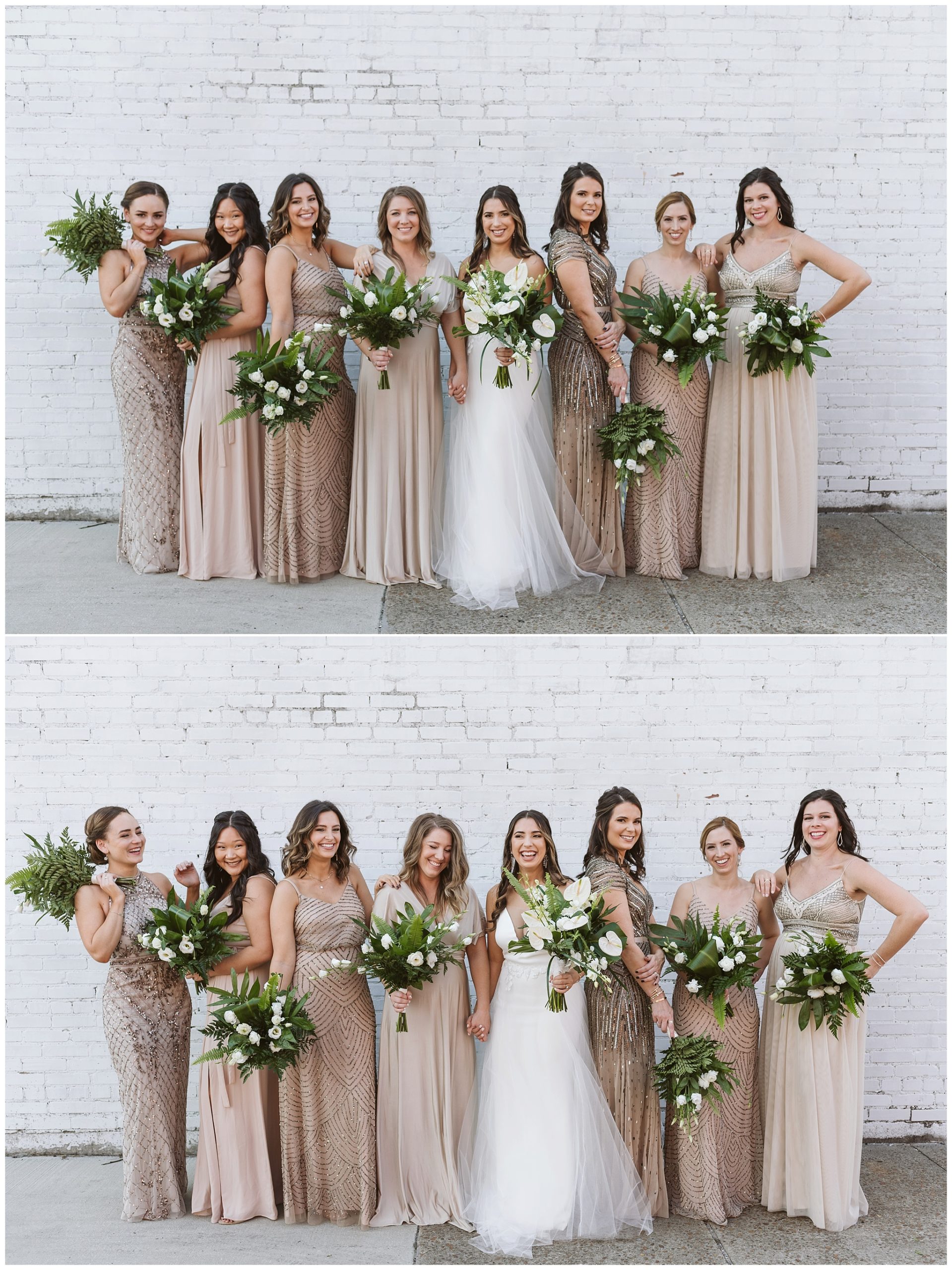 Bride and bridesmaids posing in front of white wall