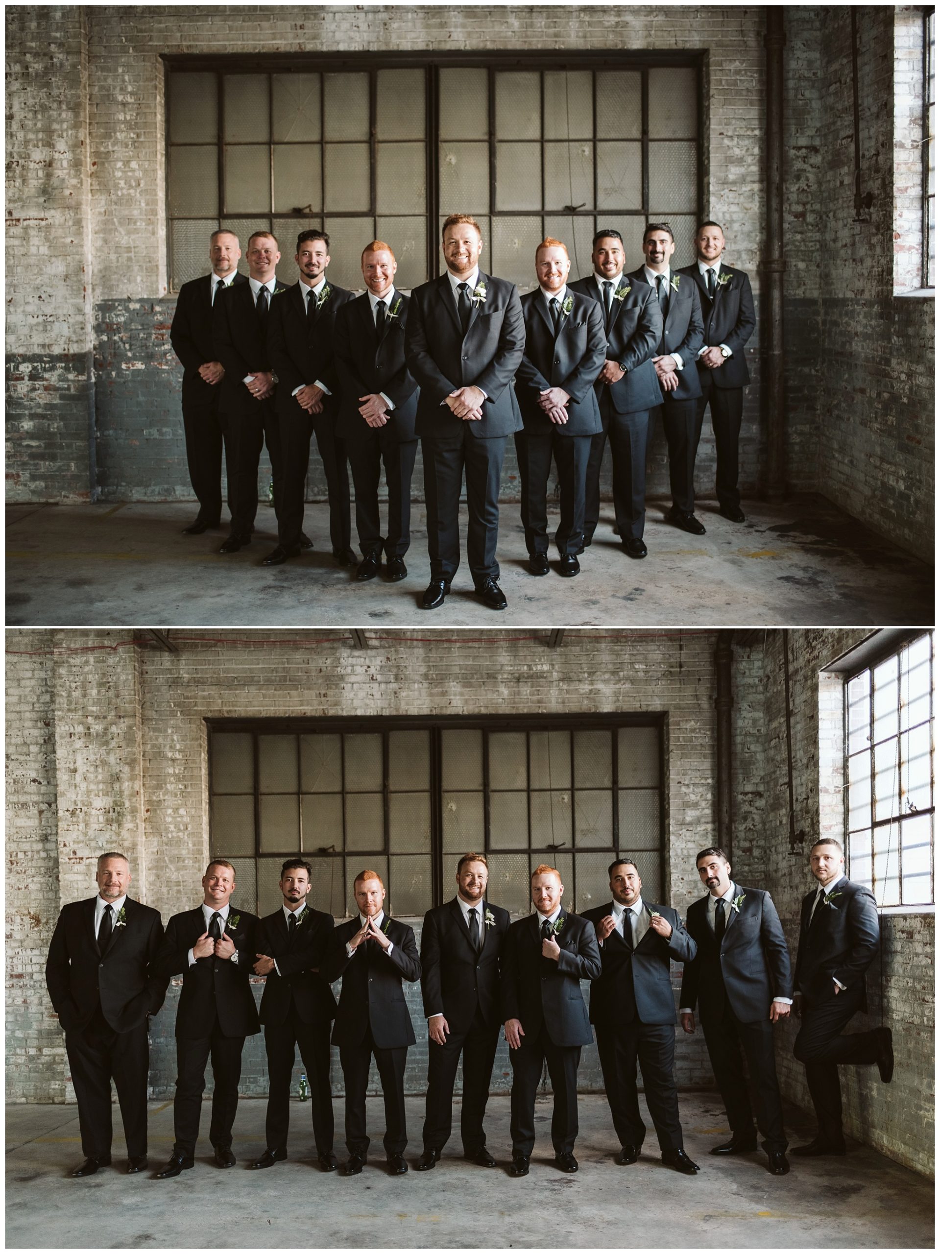 Groom and groomsmen posing in warehouse of the glass factory