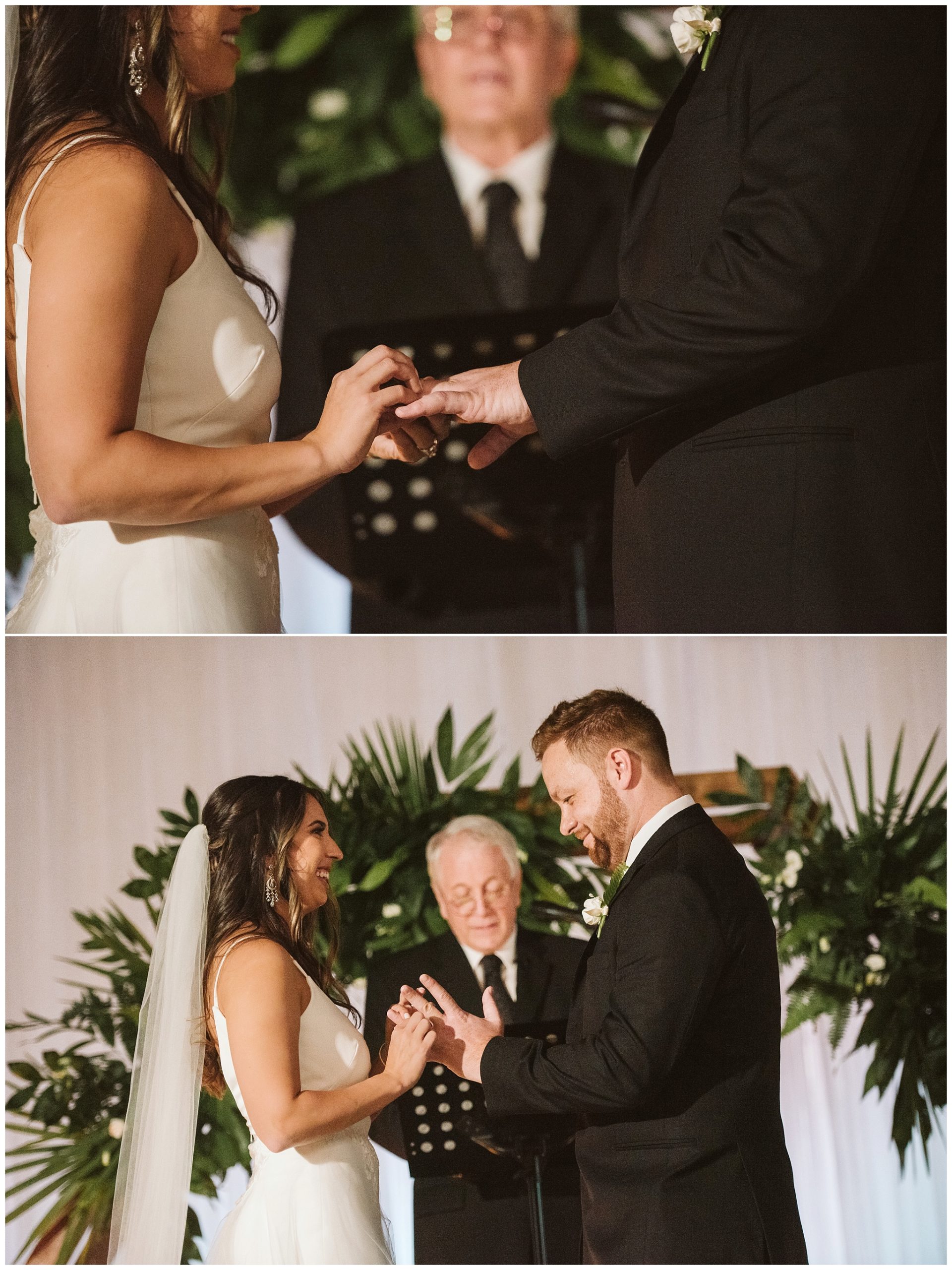 couple exchanging rings during ceremony at glass factory