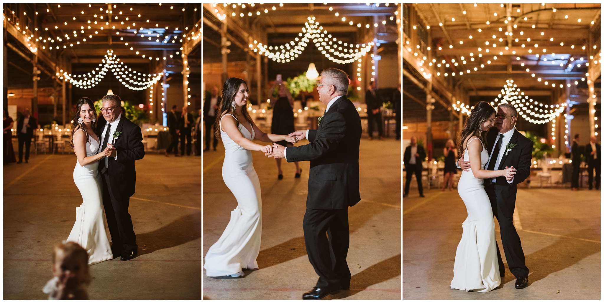 bride and father dancing at the glass factory in jacksonville fl with lights strung
