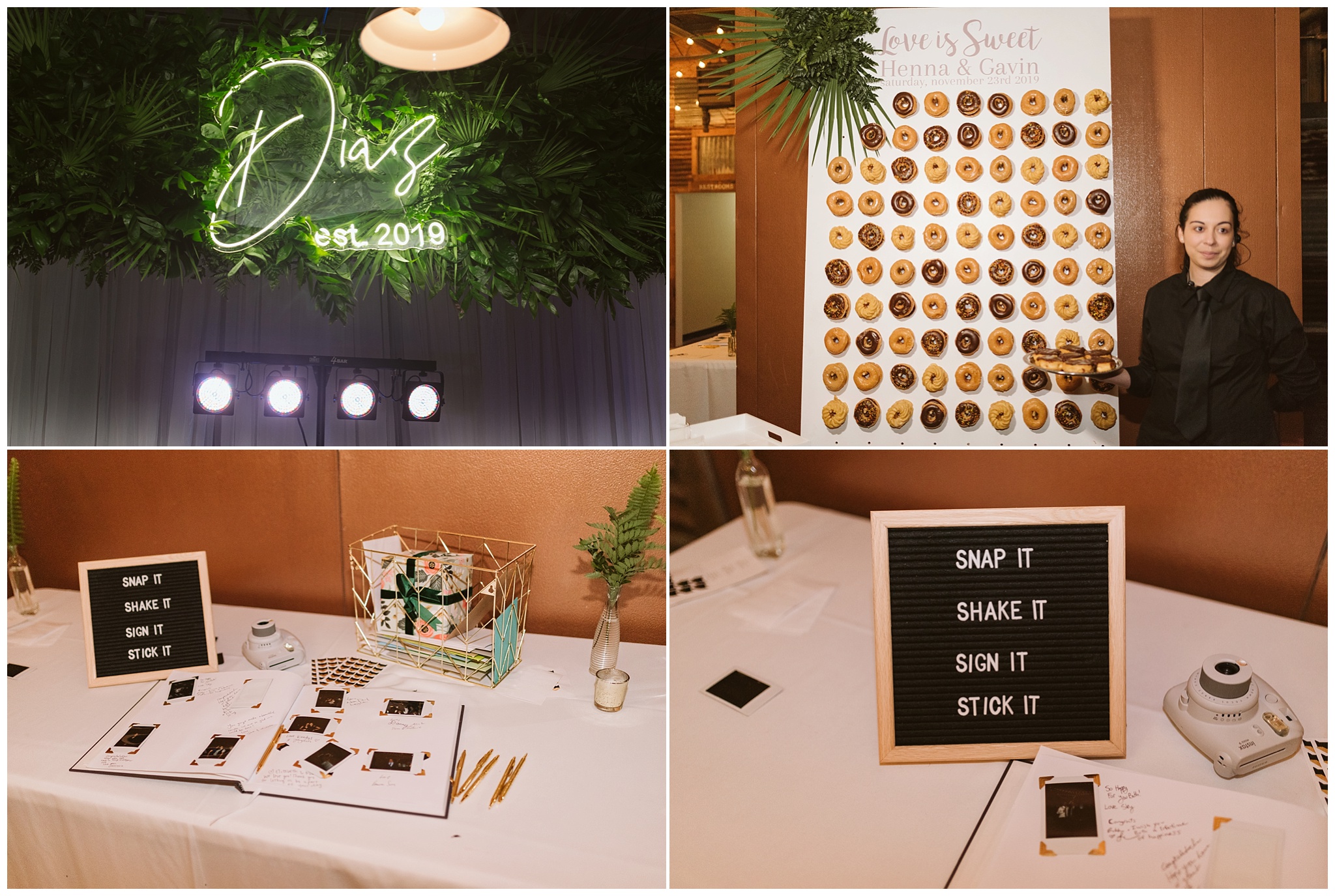 neon wedding sign and donut wall display