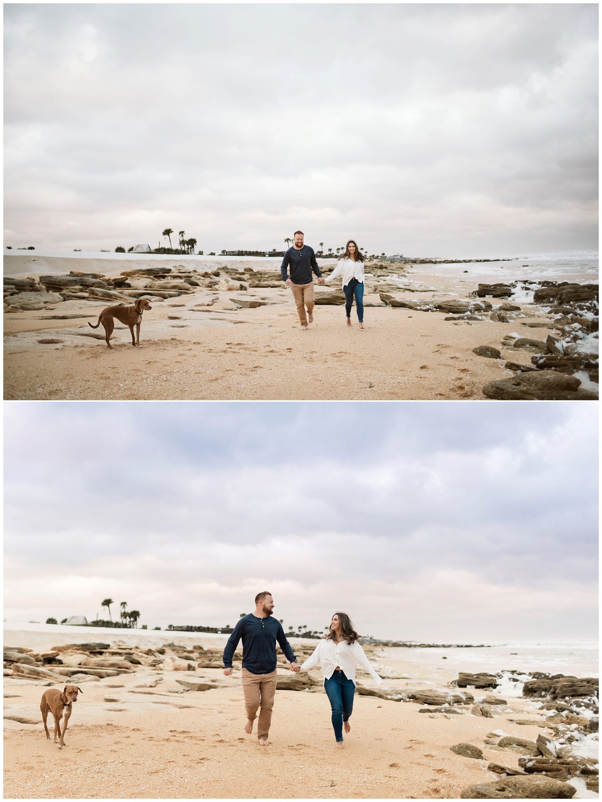 couple running on the beach with dog at St Augustine Engagement Session