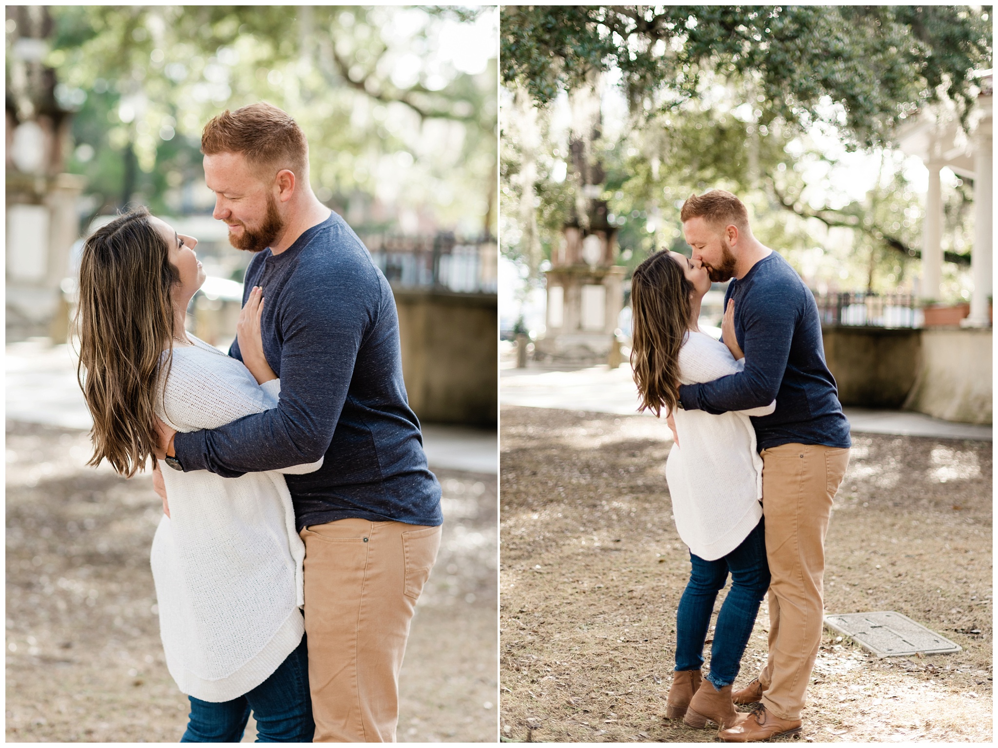 Couple snuggled up and kissing at engagement session in downtown St Augustine Fl