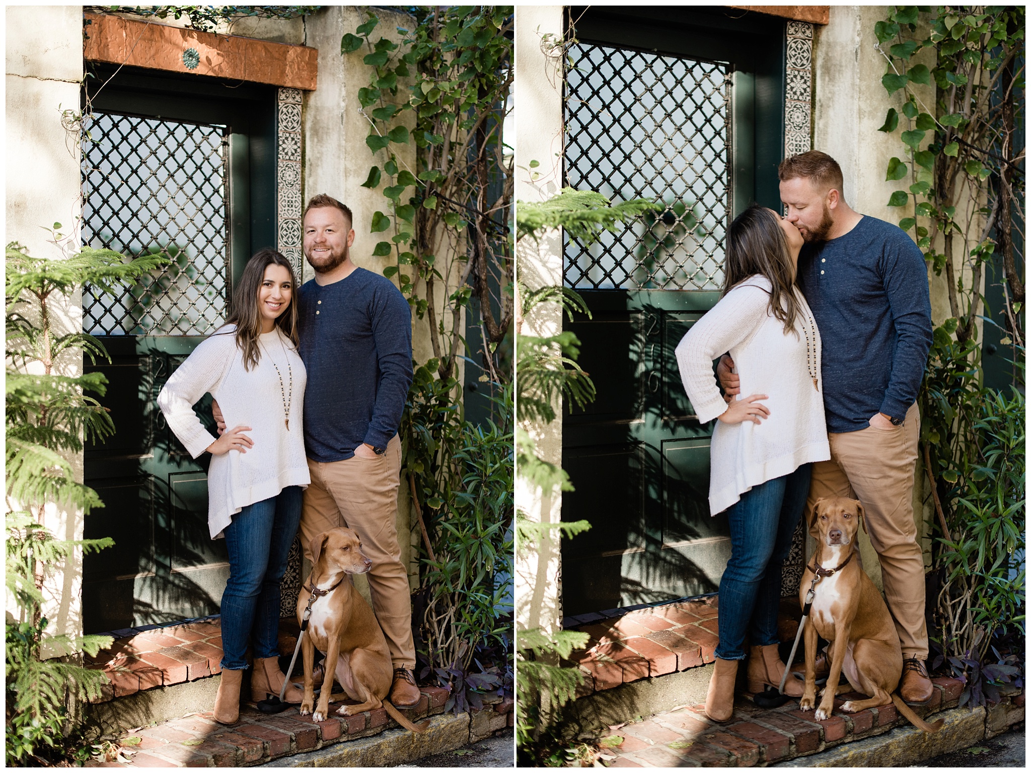 Henna and Gavin posing for photos at engagement session with dog