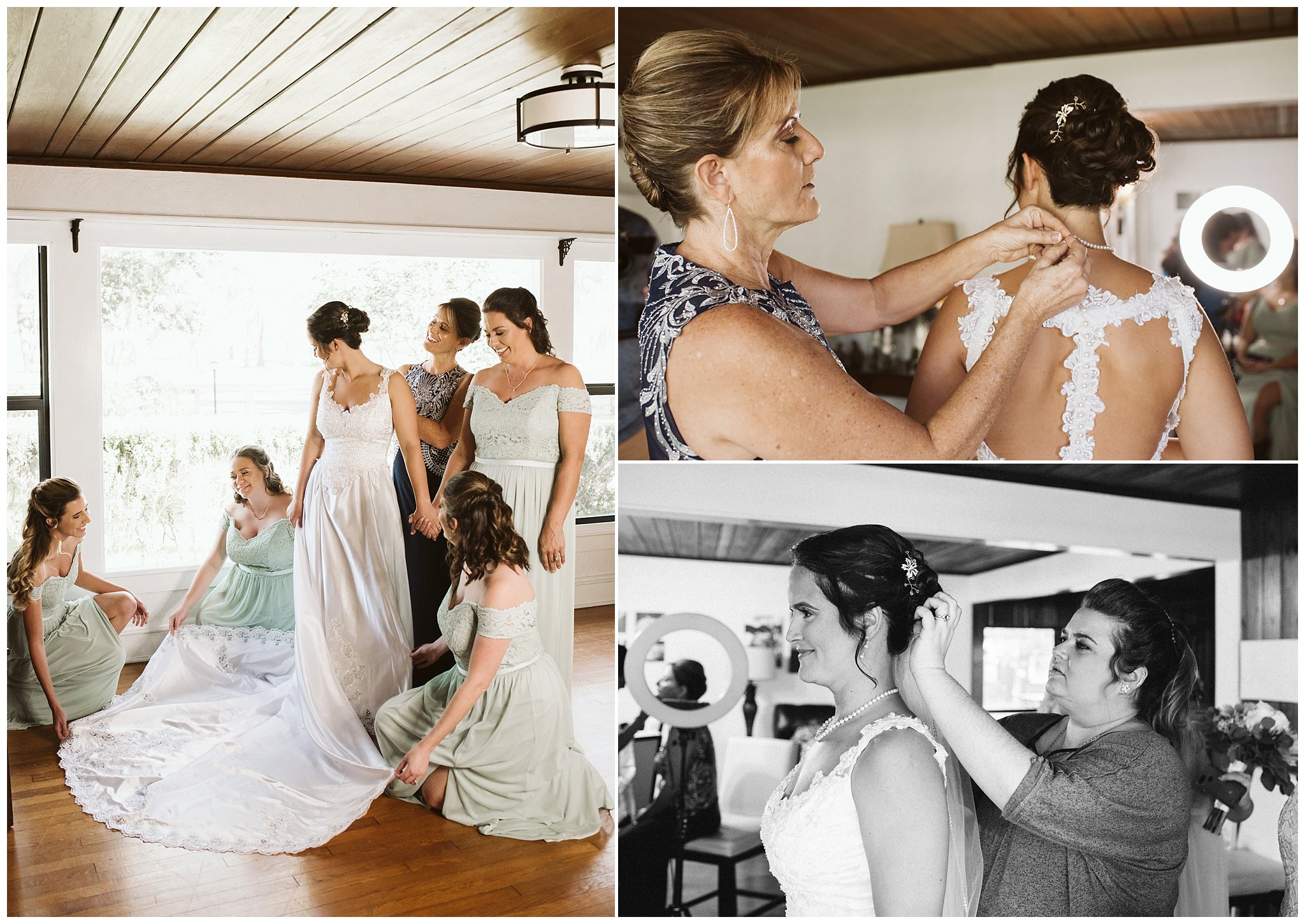 bride getting dressed with moms help